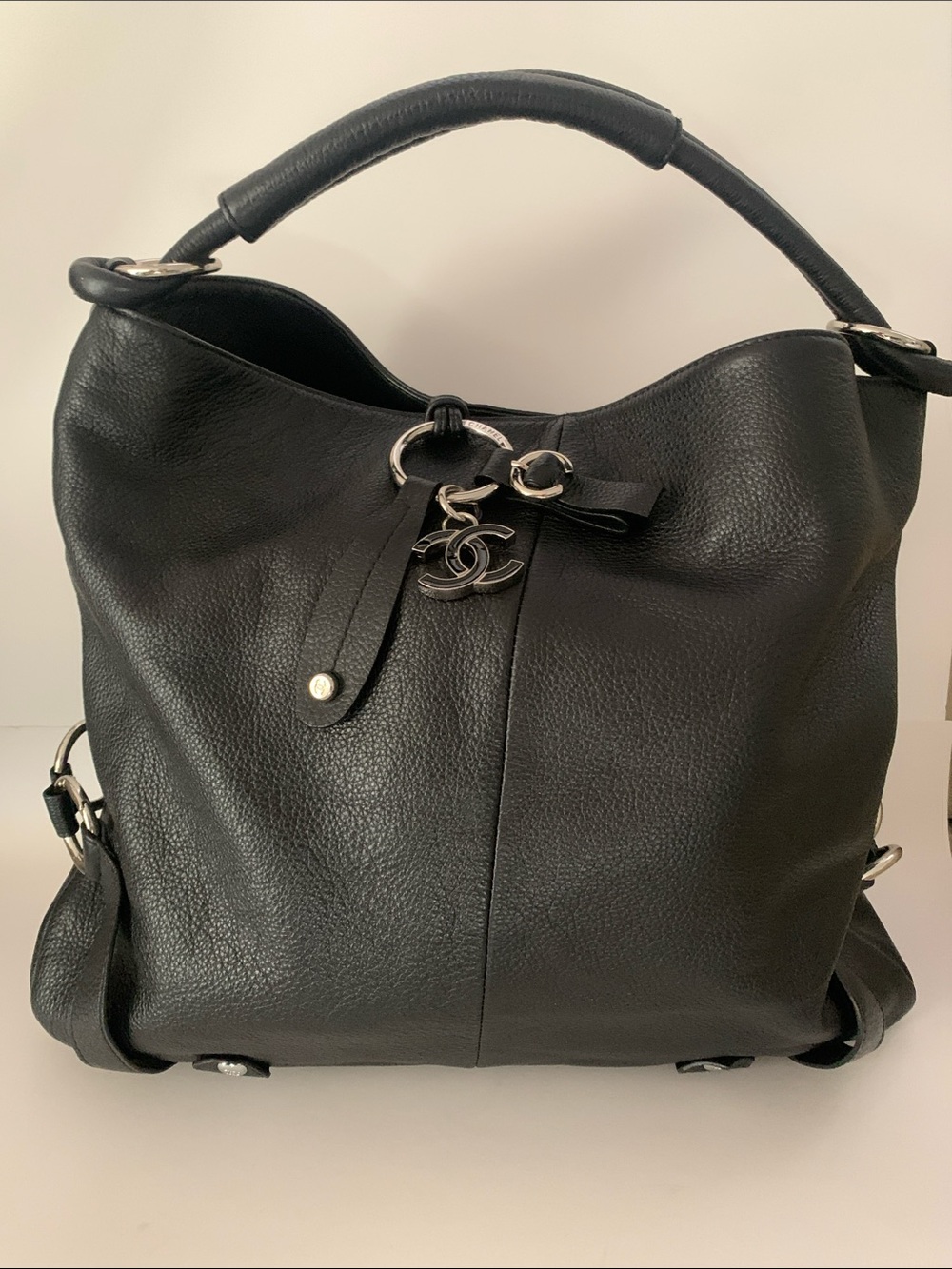 Designer Black Leather Shoulder Tote with CC Charm
